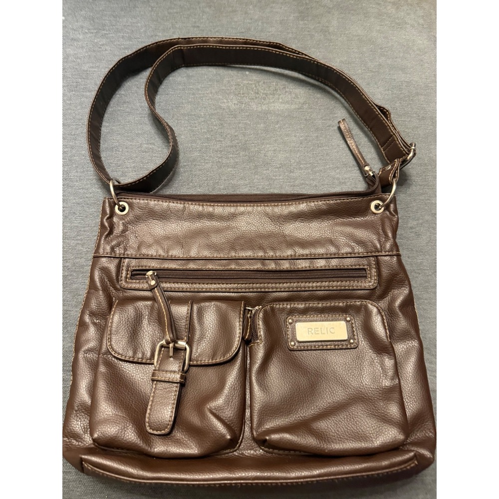 Relic Brand Brown Pebbled Faux Leather Crossbody Organizer Bag Silver Hardware